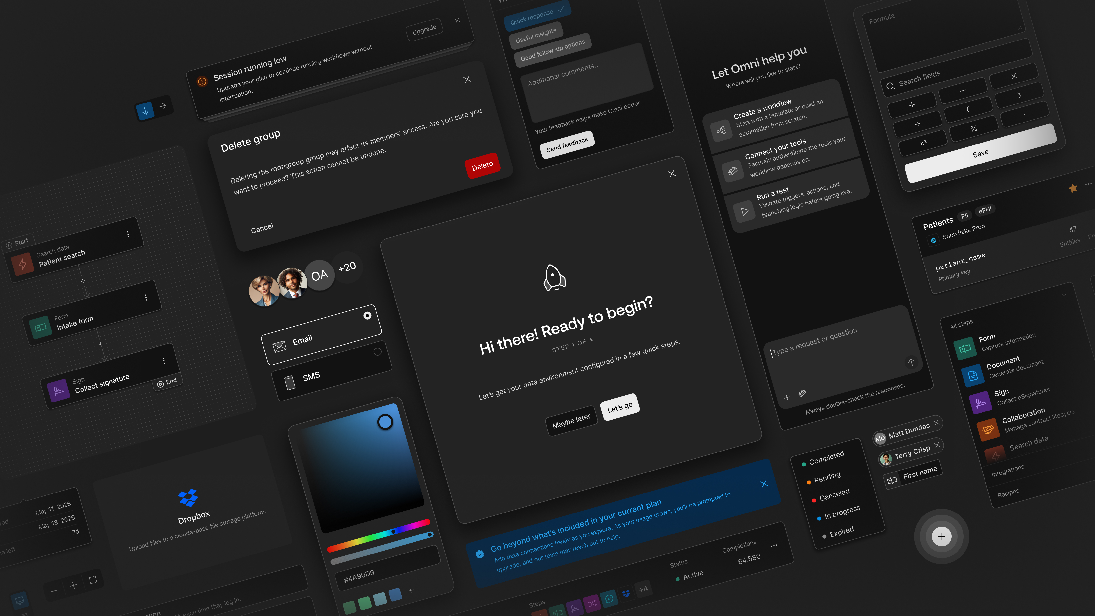 Design system components — workflows, modals, inputs, and patterns