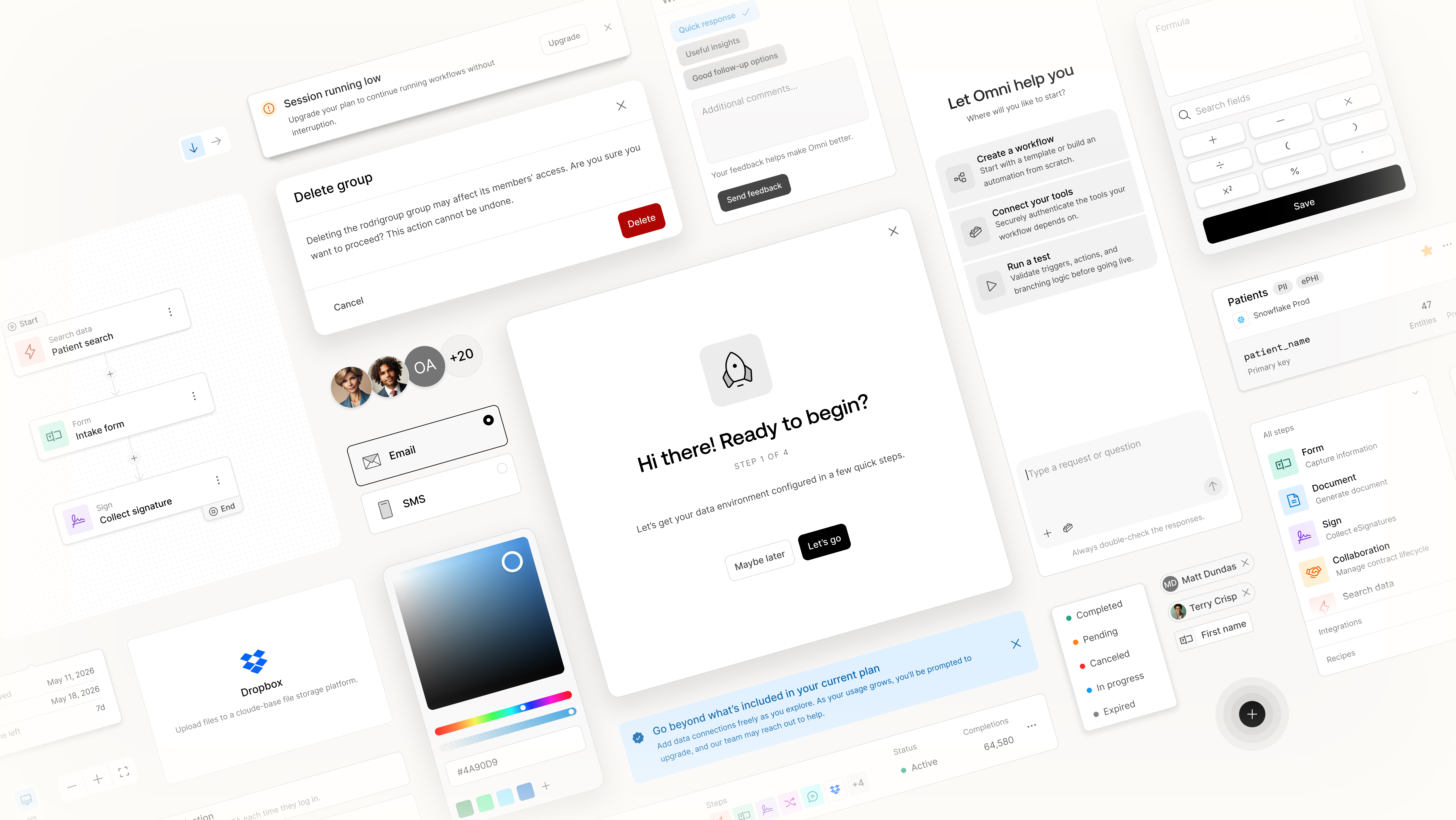 Design system components — workflows, modals, inputs, and patterns